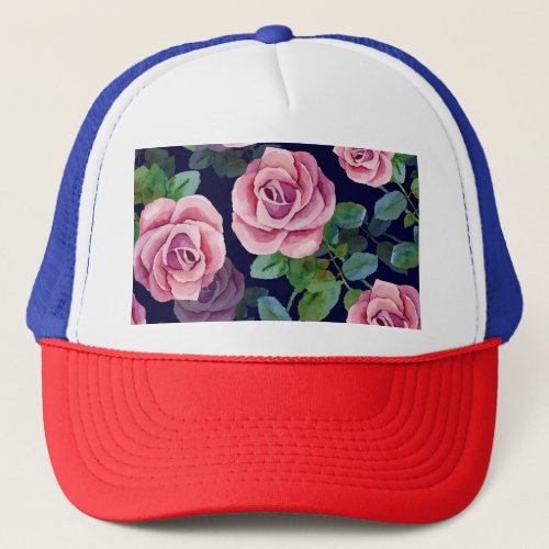 Dark Blue Pink Roses Watercolor Trucker Hat