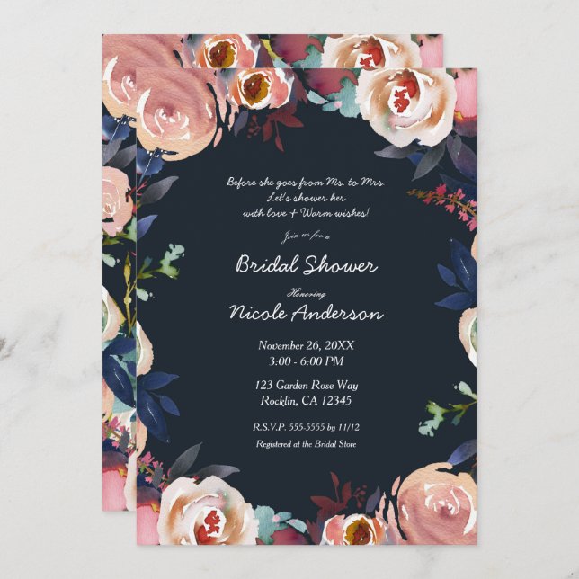 Dark Blue & Pink Watercolor Floral Bridal Shower  Invitation (Front/Back)
