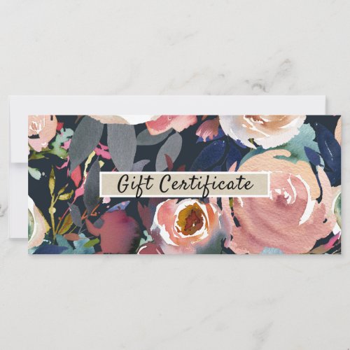 Dark Blue Pink Watercolor Floral Gift Certificate 