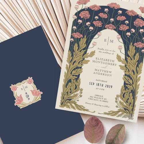 Dark Blue Pink Wedding Vintage Art Nouveau Floral Invitation