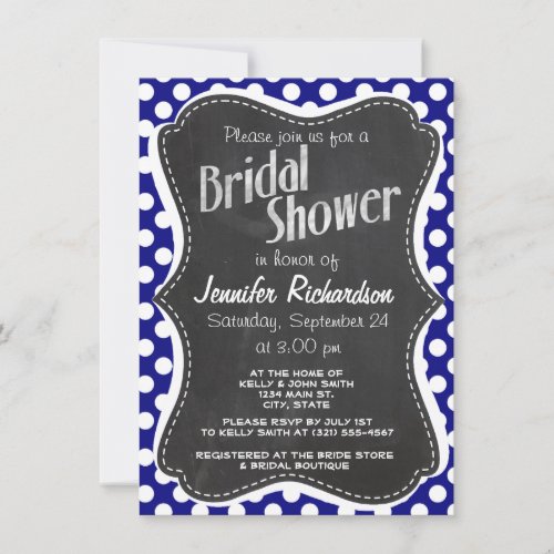 Dark Blue Polka Dots; Vintage Chalkboard Personalized Invitations