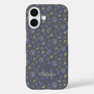 Dark Blue Pretty Floral Pattern Personalised iPhone 16 Case