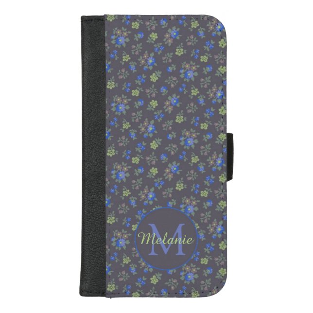 Dark Blue Pretty Floral Pattern Personalised iPhone Wallet Case (Front)