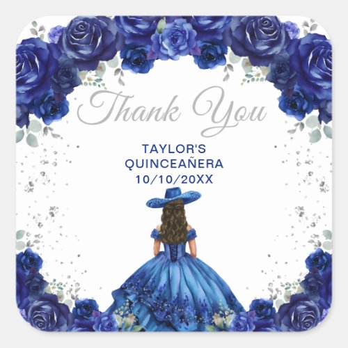 Dark Blue Princess Charro Quinceaera Thank You Square Sticker