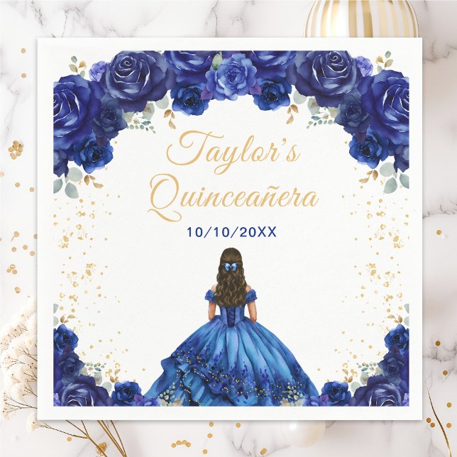 Dark Blue Princess Floral Quinceañera Napkins (Creator Uploaded)