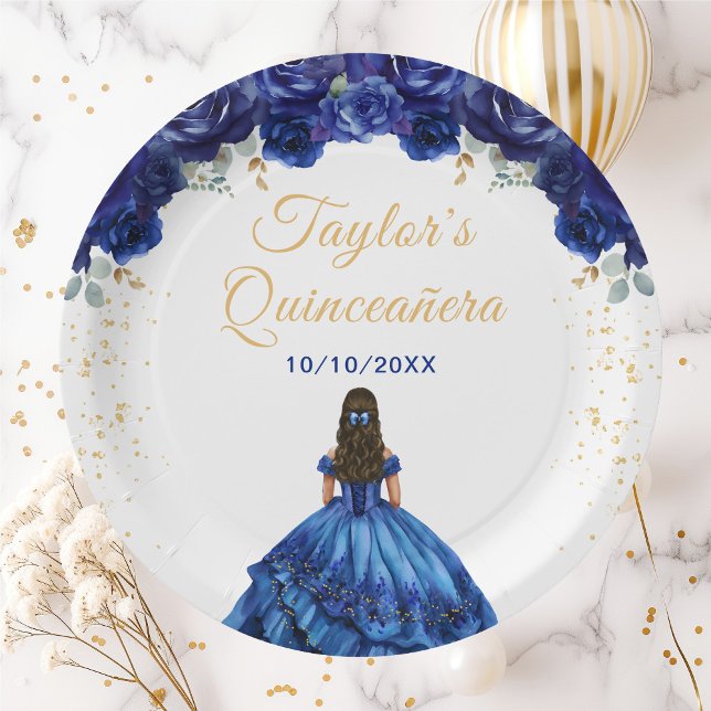 Dark Blue Princess Floral Quinceañera Paper Plates (Creator Uploaded)
