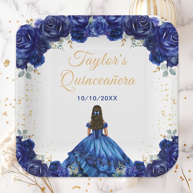 Dark Blue Princess Floral Quinceañera Paper Plates (Creator Uploaded)