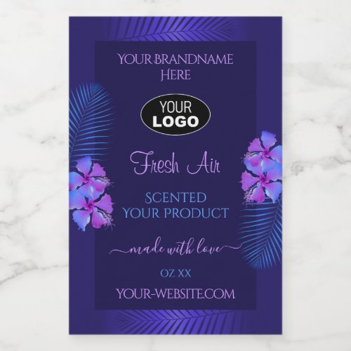 Dark Blue Product Label Exotic Purple Flowers Logo