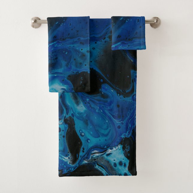 Dark blue psychedelic liquid bath towel set (Insitu)