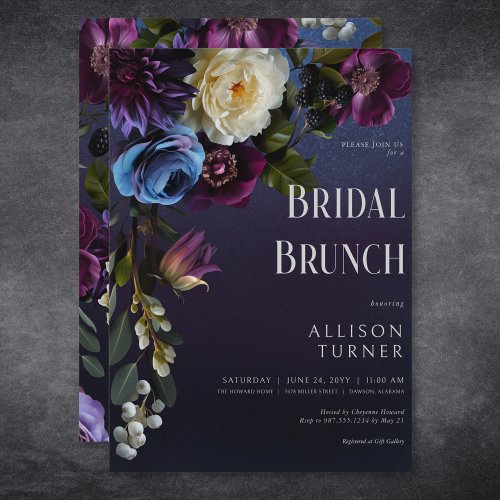 Dark Blue  Purple Floral Moody Bridal Brunch Invitation