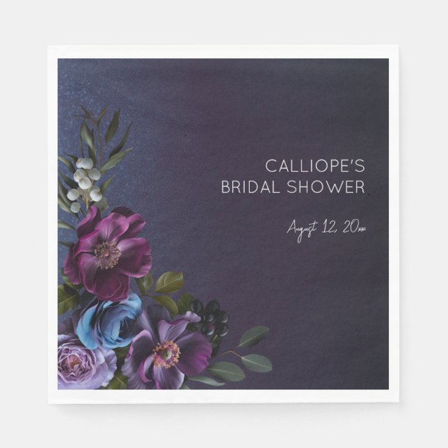 Dark Blue & Purple Floral Moody Bridal Brunch Napkins (Front)