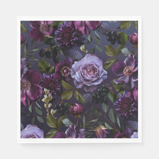 Dark Blue & Purple Floral Moody Bridal Brunch Napkins (Front)