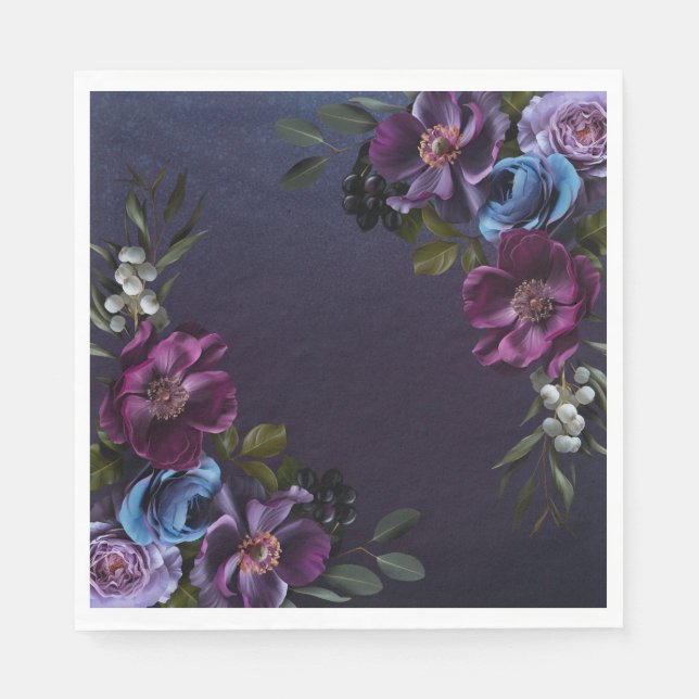Dark Blue & Purple Floral Moody Bridal Brunch Napkins (Front)