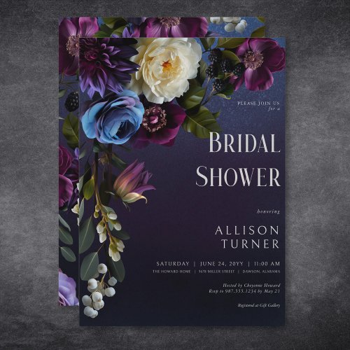 Dark Blue  Purple Floral Moody Bridal Shower Invitation