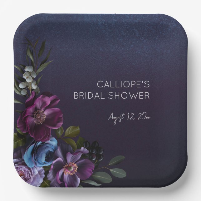 Dark Blue & Purple Floral Moody Bridal Shower Paper Plates (Front)