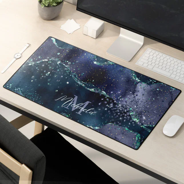 Dark Blue Purple Glitter Sparkle Stylish Monogram Desk Mat Zazzle