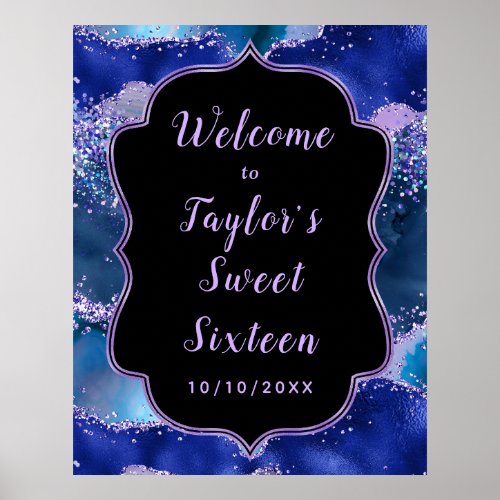 Dark Blue Purple Ocean Agate Sweet Sixteen Welcome Poster