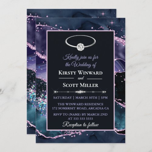 Dark Blue Purple Pink Glitter Agate Wedding Invitation