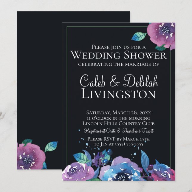 Dark Blue Purple Twilight Floral Wedding Shower Invitation (Front/Back)
