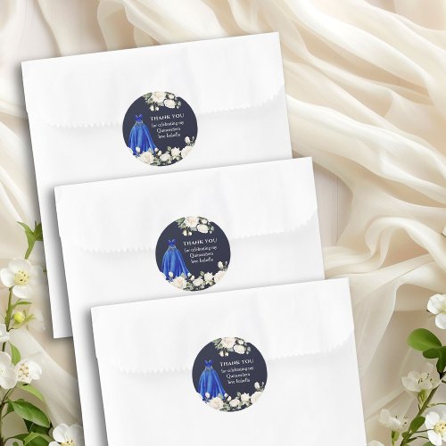 Dark Blue Quinceanera Princess Dress Floral Classic Round Sticker