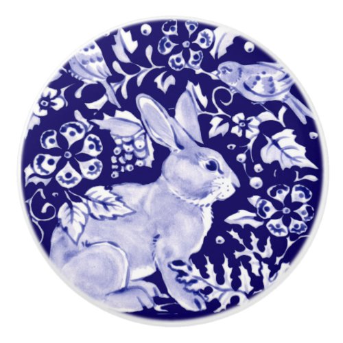 Dark Blue Rabbit Bunny Woodland Floral Cobalt Ceramic Knob