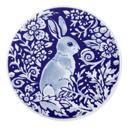 Dark Blue Rabbit Woodland Animal Floral Cobalt  Ceramic Knob