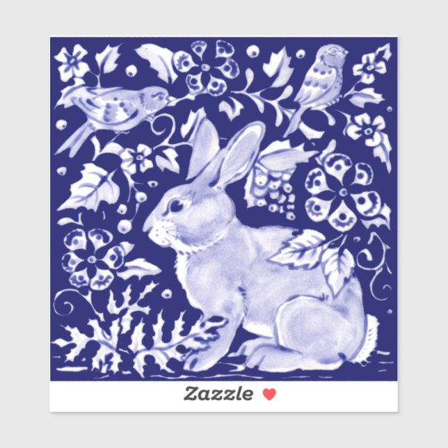 Dark Blue Rabbit Woodland Bird Floral Delft Dedham Sticker (Sheet)