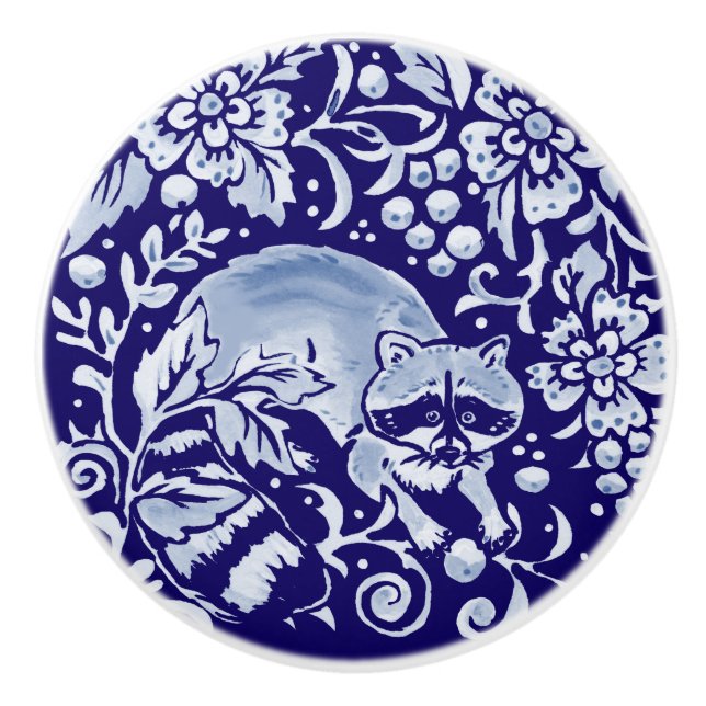 Dark Blue Raccoon Woodland Animal Floral Cobalt Ceramic Knob (Front)