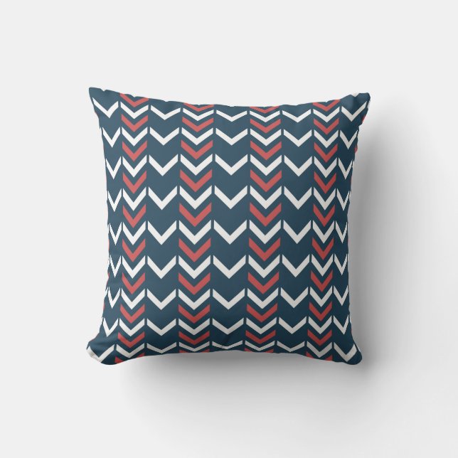 Dark Blue & Red Geometric Chevron Pattern Throw Pillow (Front)