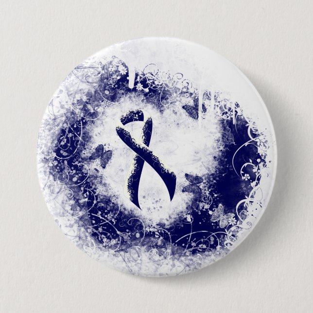 Dark Blue Ribbon Grunge Heart Button (Front)