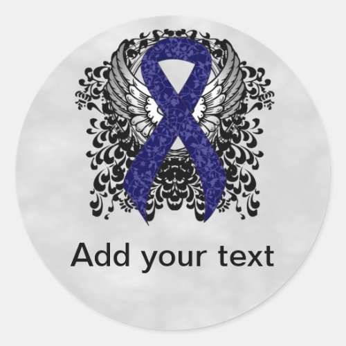 Dark Blue Ribbon with Wings Classic Round Sticker
