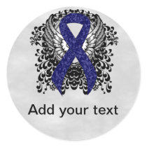 Dark Blue Ribbon with Wings Classic Round Sticker