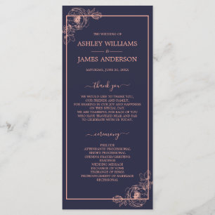 Dark Blue Rose Gold Floral Wedding Program