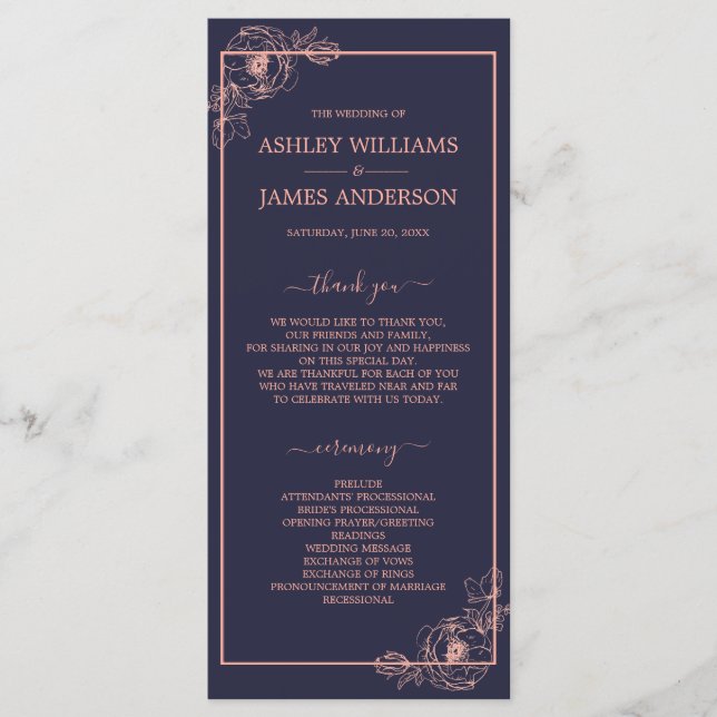 Dark Blue Rose Gold Floral Wedding Program (Front)