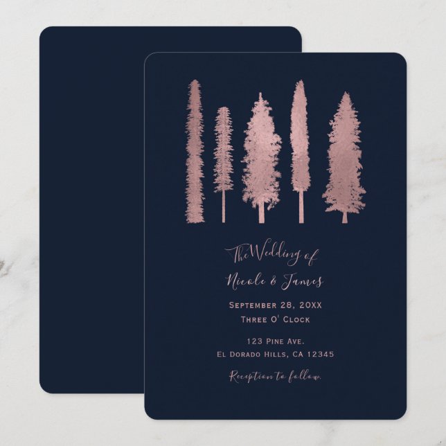 Dark Blue & Rose Gold Forest Woodsy Trees Wedding Invitation (Front/Back)