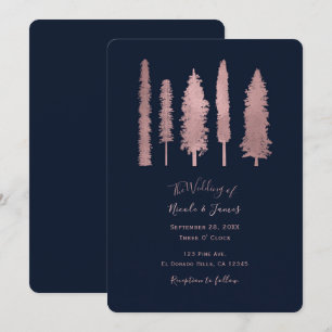 Dark Blue & Rose Gold Forest Woodsy Trees Wedding Invitation
