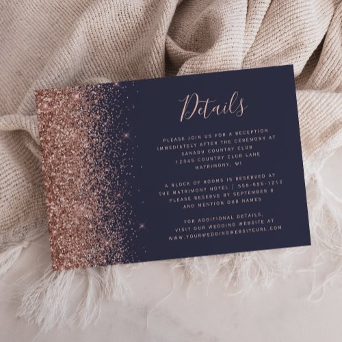 Dark Blue Rose Gold Glitter Edge Wedding Details Enclosure Card