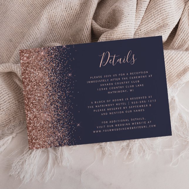 Dark Blue Rose Gold Glitter Edge Wedding Details Enclosure Card (Creator Uploaded)