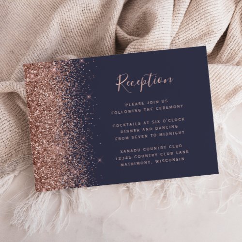 Dark Blue Rose Gold Glitter Edge Wedding Reception Enclosure Card