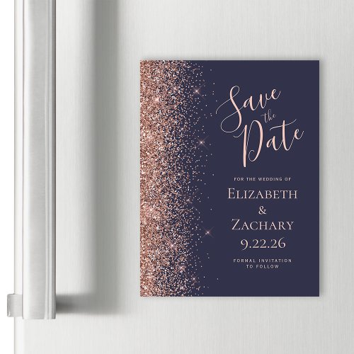 Dark Blue Rose Gold Glitter Magnetic Save the Date