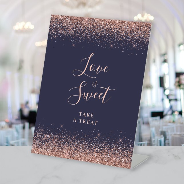 Dark Blue Rose Gold Glitter Wedding Love Is Sweet Pedestal Sign (Creator Uploaded)