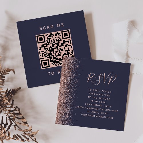 Dark Blue Rose Gold Glitter Wedding QR Code RSVP Enclosure Card