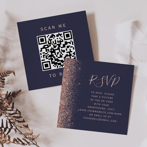 Dark Blue Rose Gold Glitter Wedding QR Code RSVP Enclosure Card