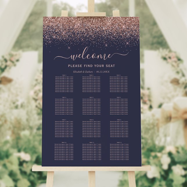 Dark Blue Rose Gold Glitter Wedding Seating Foam Board (Creator Uploaded)