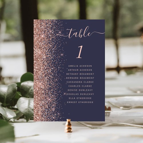 Dark Blue Rose Gold Glitter Wedding Table Number