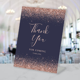 Dark Blue Rose Gold Glitter Wedding Thank You Pedestal Sign