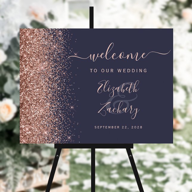 Dark Blue Rose Gold Glitter Wedding Welcome Sign (Creator Uploaded)