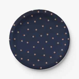 Dark Blue & Rose Gold Pink Glittery Stars Paper Plates