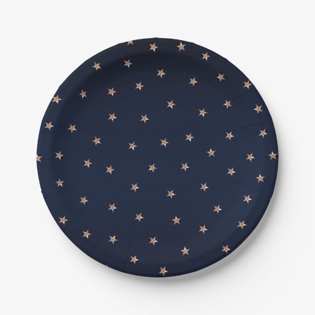 Dark Blue & Rose Gold Pink Glittery Stars Paper Plates (Front)