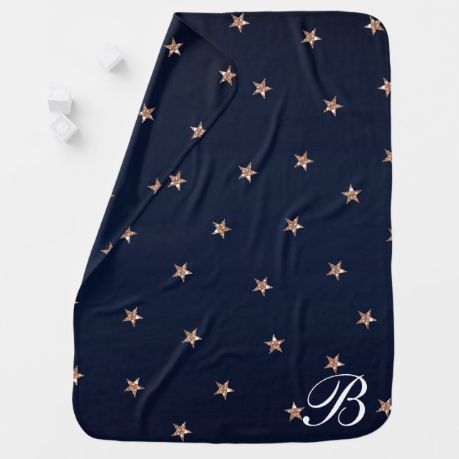 Dark Blue & Rose Gold Pink Glittery Stars Starry Baby Blanket (In Situ)